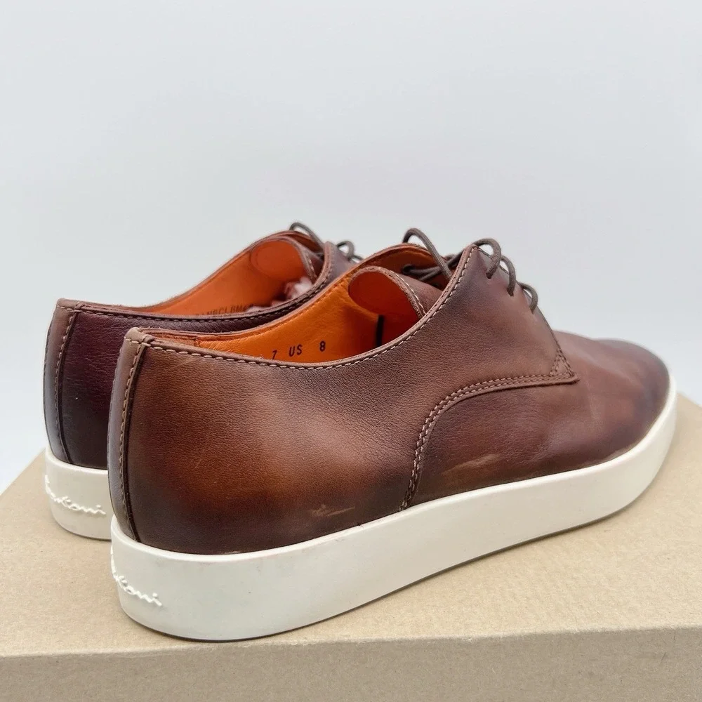Santoni Atlantis Lace Up Plain Toe Dress Sneakers Shoes Dark Brown Leather US 8